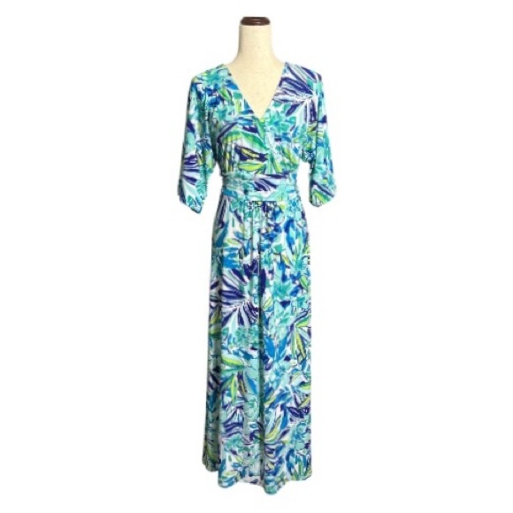 Pappagallo Blue Turquoise Green Floral Print Long Sleeve Maxi Dress